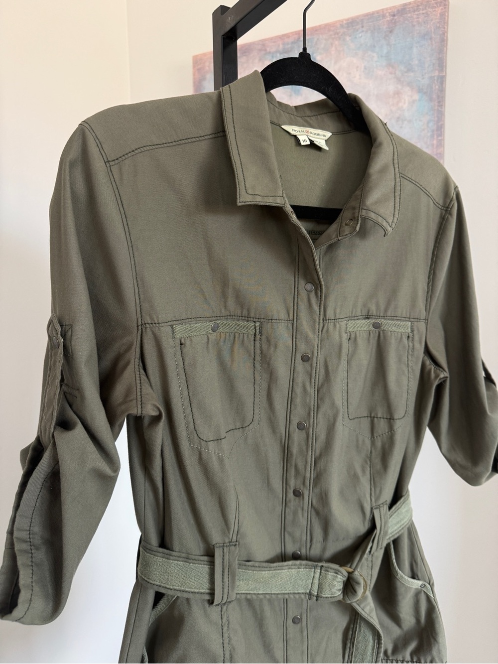 Royal Robbins Womens 10 Olive Green Utility Safari Shirt Dress Belted Travel - Picture 2 of 9